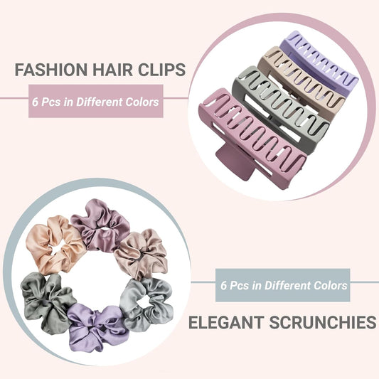 12 Pack Hair Clips Satin Scrunchies for Women Set Medium Matte Claw Clips for Women and Girls Thin Thick Curly Hair No Damage Hair Accessories