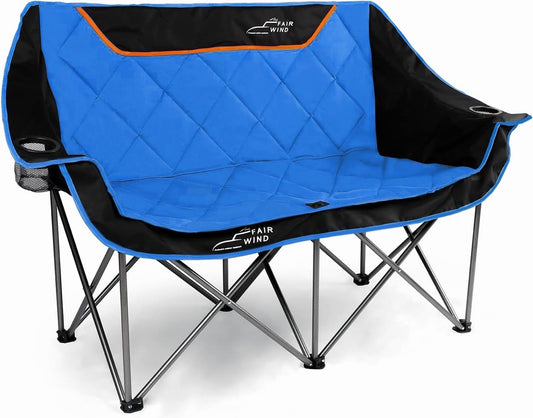 FAIR WIND Oversized Fully Padded Camping Chair Folding Loveseat Camping Couch Double Duo Chair Heavy Duty Quad Fold Chair Arm Chair with Cup Hold - Supports 650 LBS Blue