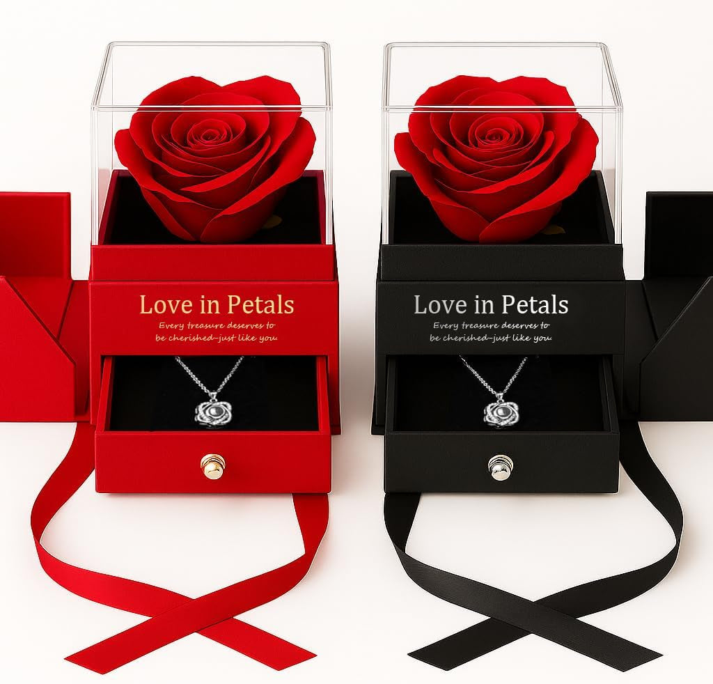 Preserved Red Real Rose with Heart I Love You Necklace - Gifts for Mothers Day, Christmas, Birthday Gifts for Women- Long Lasting Forever Flowers Best Presents for Women (Red)
