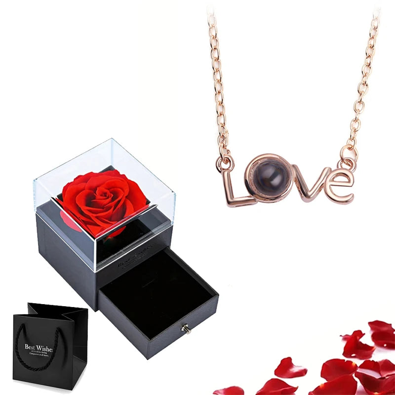 Projection Necklace Set with Rose Gift Box 100 Languages I Love You Heart Pendant Jewelry 2023 Hot Sale Accessories Dropshipping