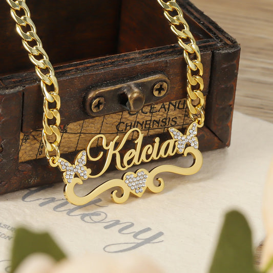 Luxury Custom Name Necklace with Butterfly Nameplate Rhinestone High Quality Stainless Steel with 18K Gold Plating Necklace
