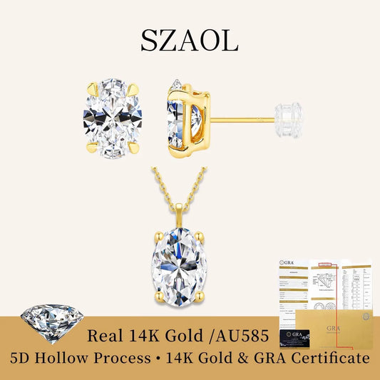 Classic 1-2Ct D Moissanite Solitaire Drop Necklace Diamond Stud Earrings for Women Real 14K Gold Oval Moissanite Pendant Chain