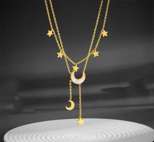 Moon and Stars Necklace Gold Layered Chain Astrology Jewelry