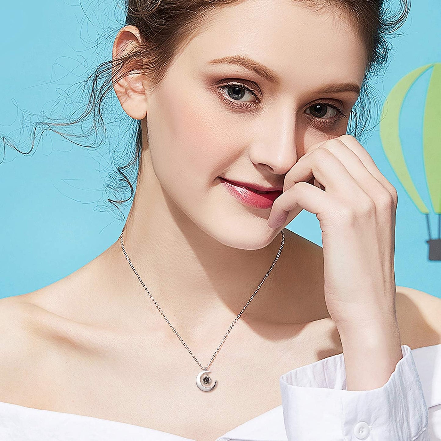 Sterling Silver Moon Necklace with I Love You in 100 Languages Projection/Personalize Photo Projection Pendant Jewelry Gifts for Wife Mom Adults
