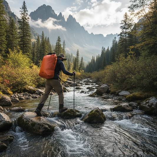 Waterproof Outdoor Bag – hiker crossing mountain stream lifestyle photo