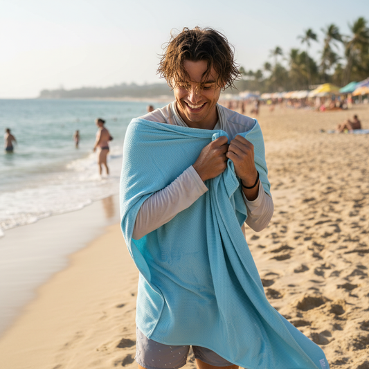 Quick-Dry Travel Towel – in use at beach lifestyle photo
