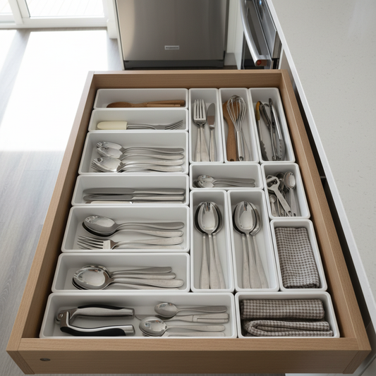 Kitchen Drawer Organizer – neatly organized kitchen drawer lifestyle photo