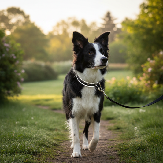Reflective martingale collar on border collie walking in park