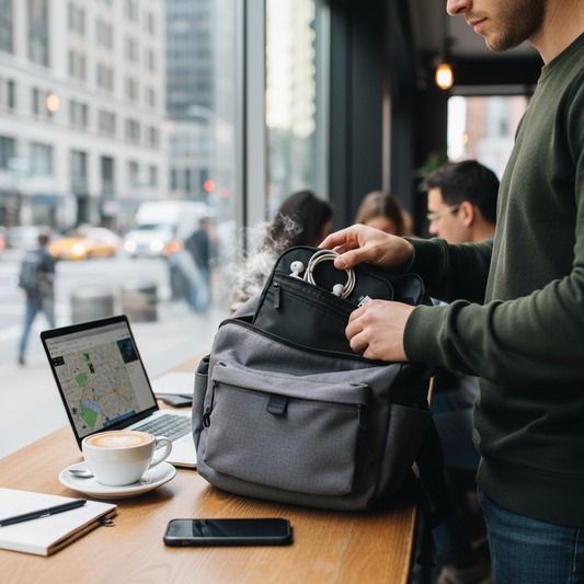 Cable Travel Pouch – packing into backpack at coffee shop lifestyle photo