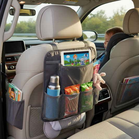 Car Seat Travel Organizer – installed in car on family road trip lifestyle photo
