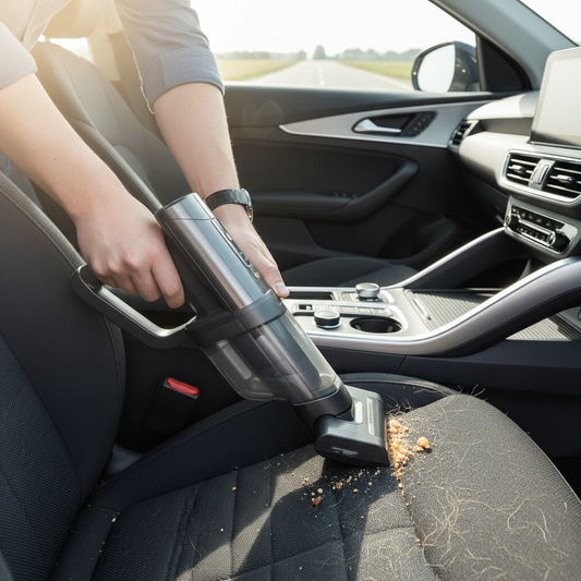 Portable Car Vacuum – vacuuming car seat lifestyle photo
