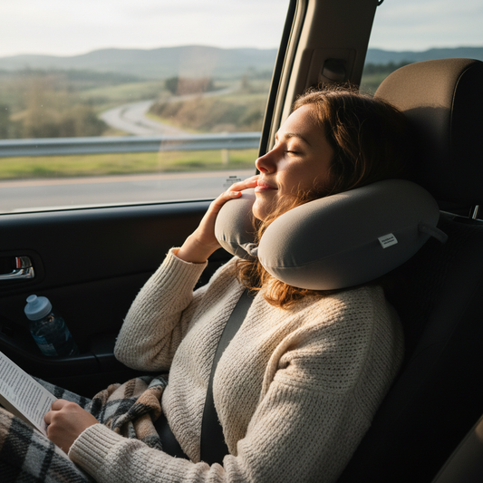 Neck Travel Pillow – person resting in car on road trip lifestyle photo