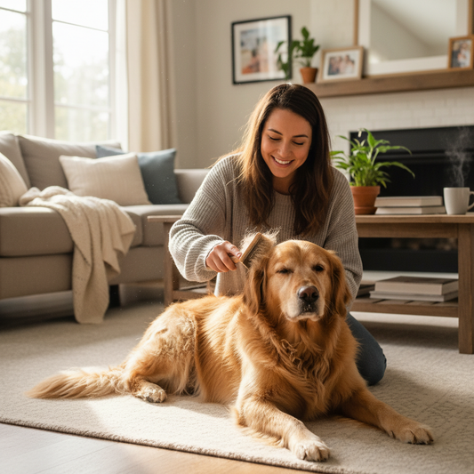 Pet Grooming Brush – brushing golden retriever lifestyle photo
