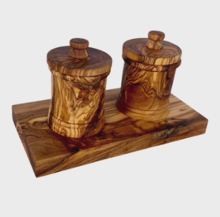 The Natural Kitchen Set — olive wood canisters, trivet and woven willow baskets
