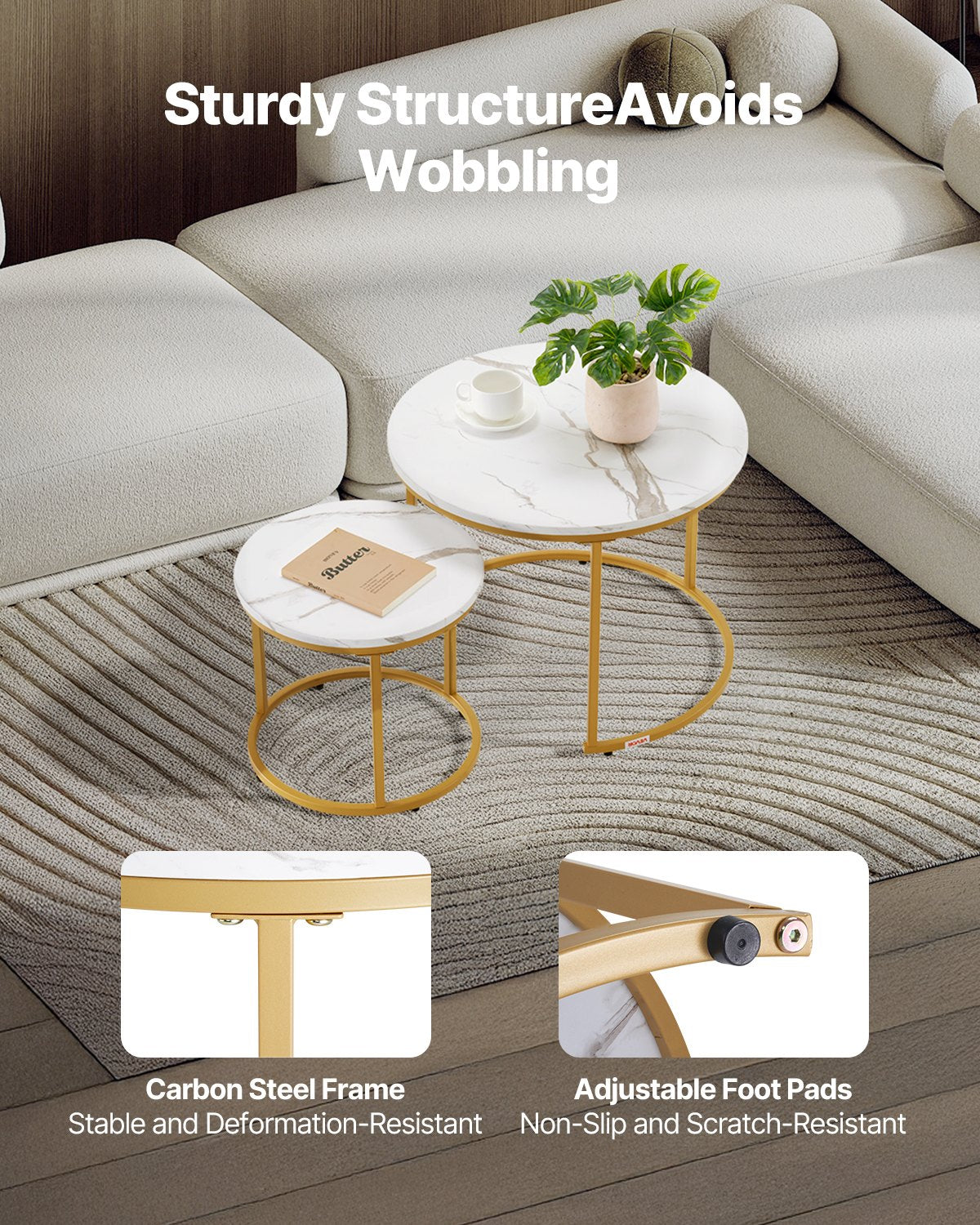 Nesting Coffee Table Set Of 2, 23.6 In Round Coffee Table, Nesting Tables For Small Place, Vintage End Side Tables Night Stand With Metal Frame, For Living Room, Bedroom, Office (White & Gold)