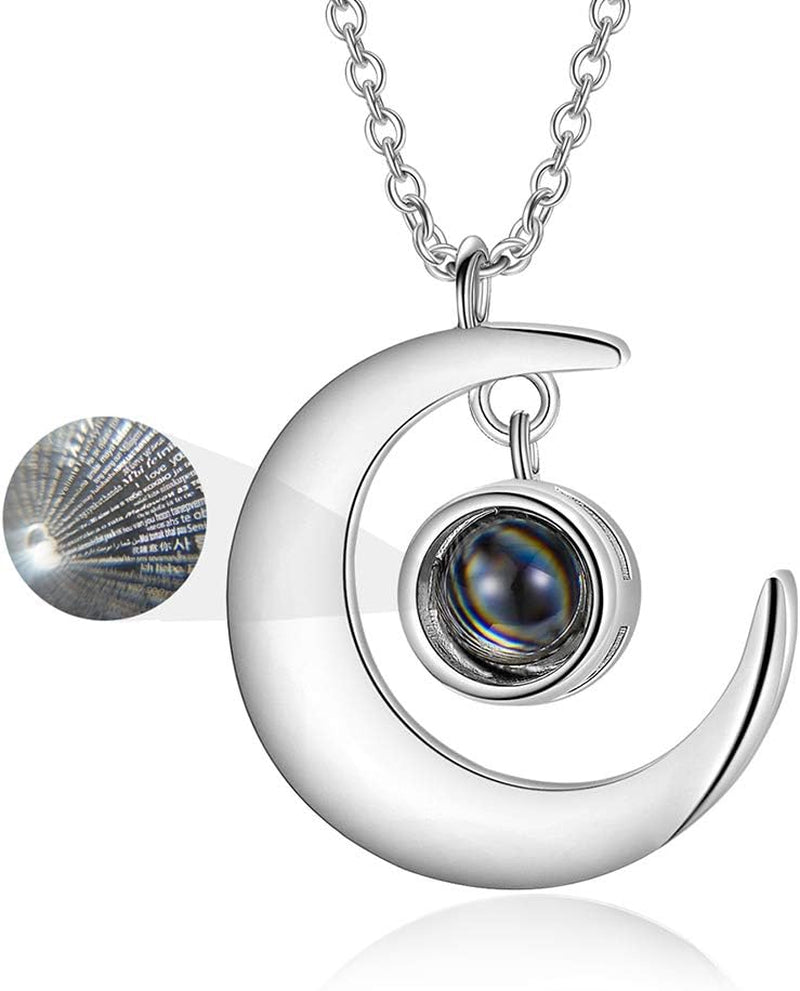 Sterling Silver Moon Necklace with I Love You in 100 Languages Projection/Personalize Photo Projection Pendant Jewelry Gifts for Wife Mom Adults