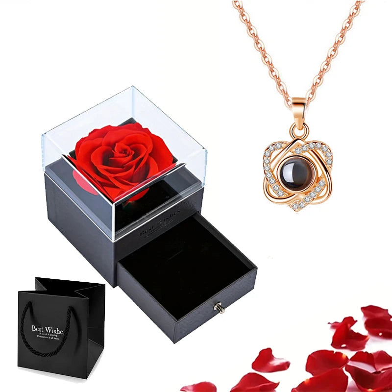 Projection Necklace Set with Rose Gift Box 100 Languages I Love You Heart Pendant Jewelry 2023 Hot Sale Accessories Dropshipping
