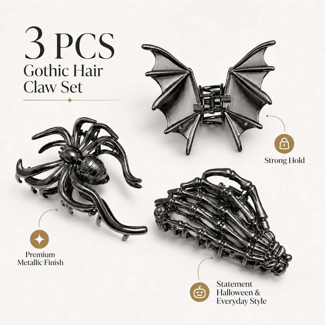 3 PCS Gothic Hair Claw Clips for Women, Metallic Black Bat Spider Skeleton Hand Hair Clips, Strong Hold Halloween Hair Accessories for Thick Thin Hair, Costume Party Everyday Styling Gifts