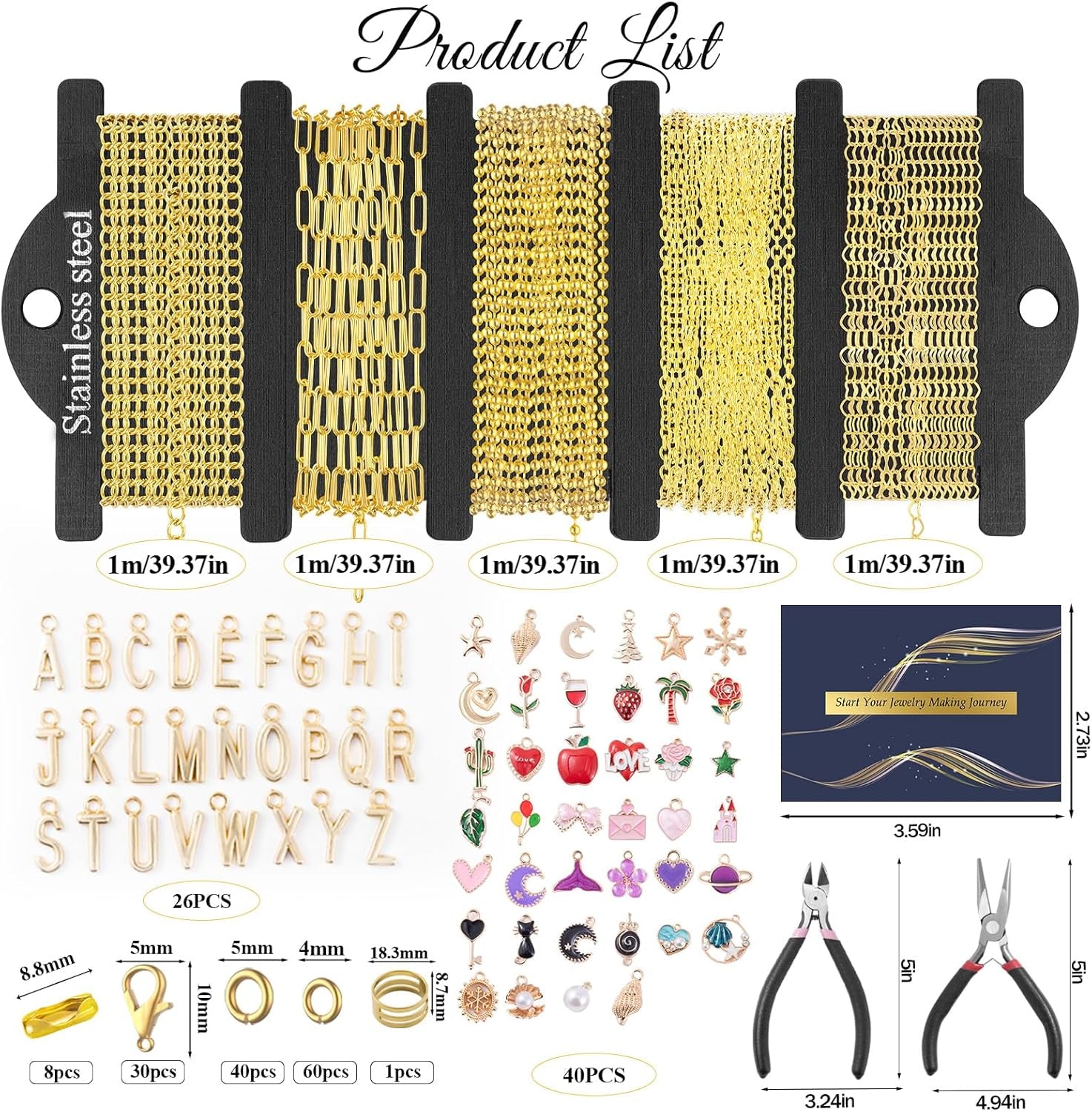 16.4 FT Gold Chain for Jewelry Making, Jewelry Making Chains Kit with Jump Rings/Lobster Clasps/Connectors/Charms/Pliers, Stainless Steel Necklace Chains for DIY Craft
