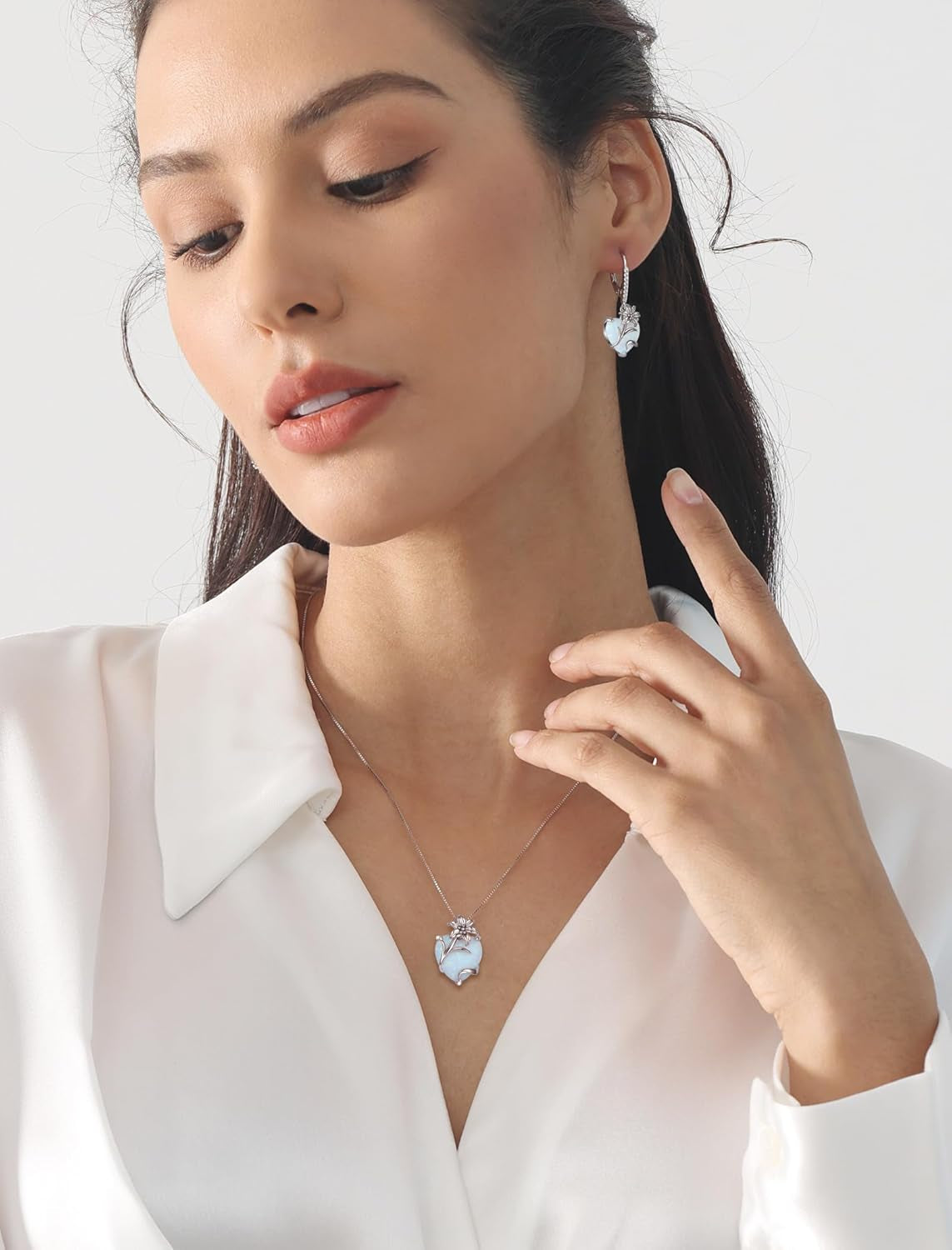 Heart Necklace for Women 925 Sterling Silver Lily Pendant Created Opal Flower Jewelry