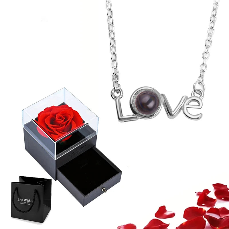 Projection Necklace Set with Rose Gift Box 100 Languages I Love You Heart Pendant Jewelry 2023 Hot Sale Accessories Dropshipping
