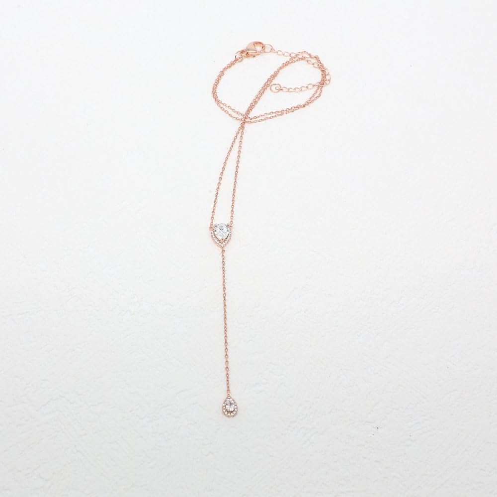 CZ Pear Drop Lariat Necklace 16" with 2.75" Y Drop Adjustable, 3 Colors Available
