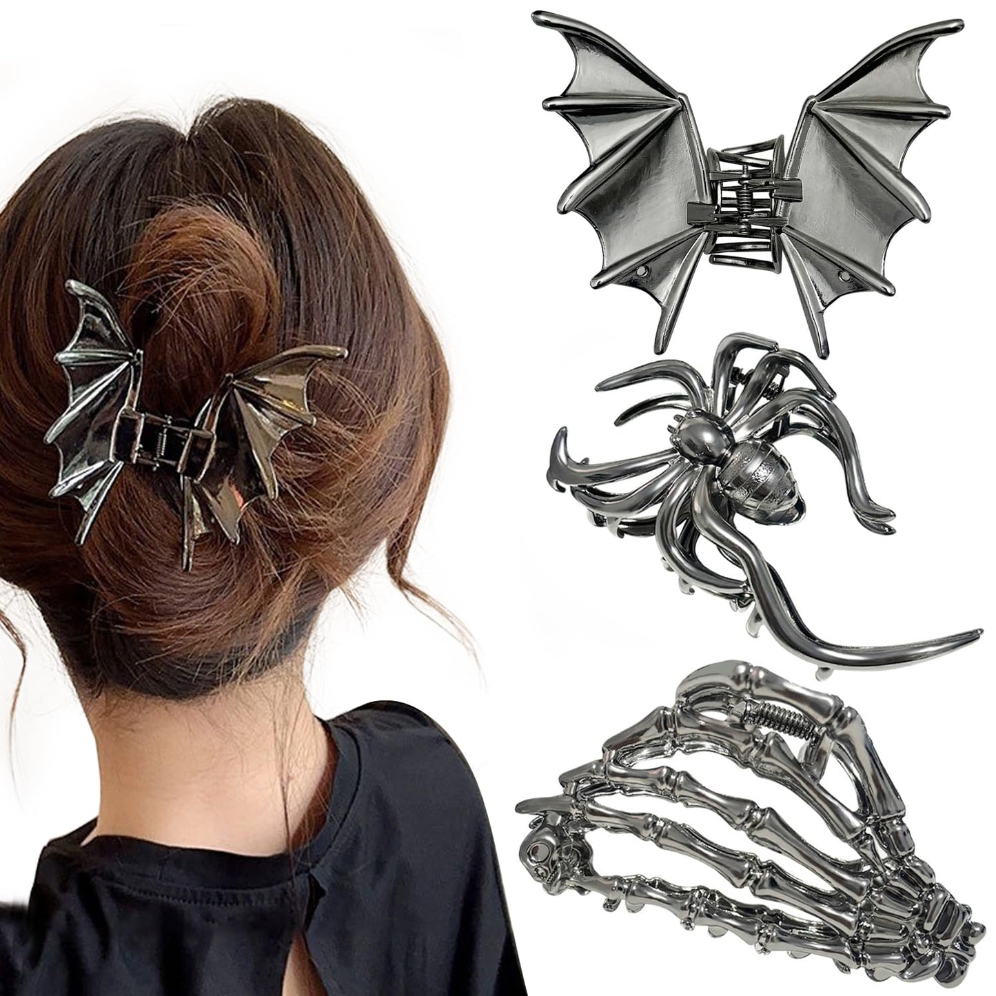 3 PCS Gothic Hair Claw Clips for Women, Metallic Black Bat Spider Skeleton Hand Hair Clips, Strong Hold Halloween Hair Accessories for Thick Thin Hair, Costume Party Everyday Styling Gifts