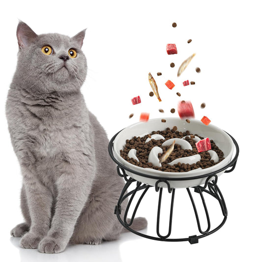 Elevated Slow Feeder Cat Bowl - Ceramic Cat Food Bowl with Anti-Slip Metal Stand - Pastel Series Slow Feeding Cat Plate - Raised Cat Dish Maze Healthy Eating - Cat Puzzle Feeder - 7 OZ - Ivory White