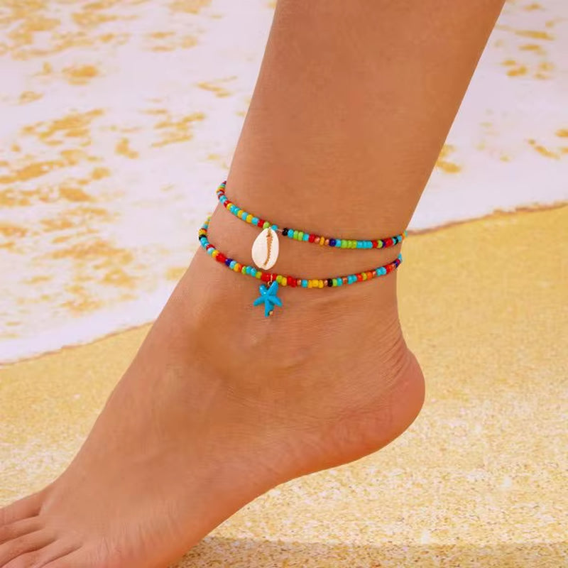 Bohemia Shell Anklet for Women Colorful Rice Beads Handmade Braided Rope Bracelet on Leg Beach Barefoot Sandal Leg Chain Jewelry