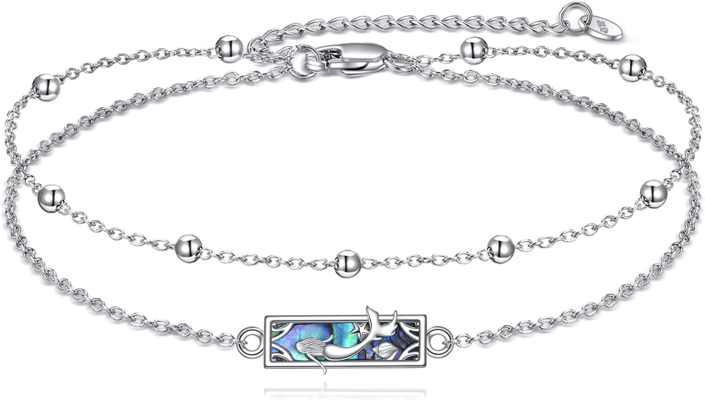 Mermaid Anklet 925 Sterling Silver Abalone Shell Ocean Jewelry Gifts for Women Mother Friends