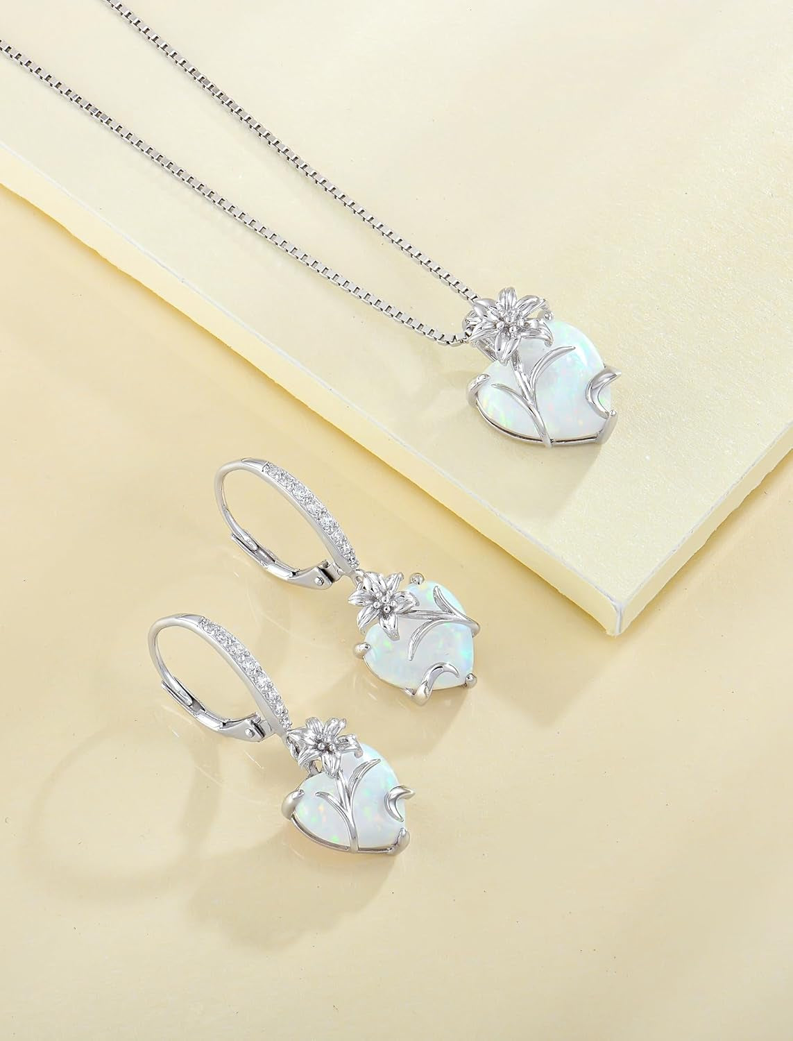 Heart Necklace for Women 925 Sterling Silver Lily Pendant Created Opal Flower Jewelry
