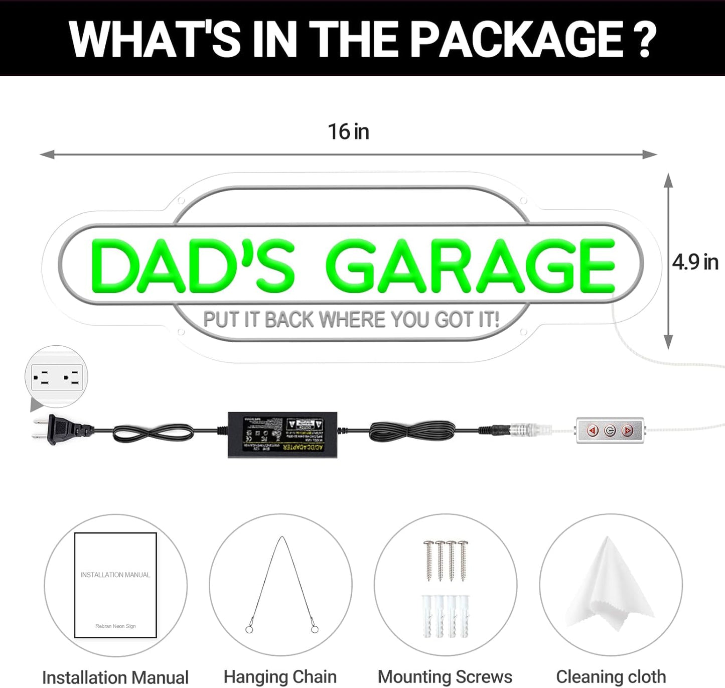 Green Dad’S Garage Neon Sign, Dimmable Handmade Acrylic Garage LED Light Sign, Put It Back Where You Got It 3D Garage Neon Signs Wall Decor, Birthday Father’S Day Gift for Dad Men 16 X 4.9 In