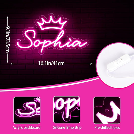 Large Sophia Name Neon Sign for Wall Decor,Led Name Sophia Neon Light for Kids Bedroom,Birthday Party Decor,Neon Sign Customizable for Girl,Birthday Name Deocr,Size 16.1 * 9.1 Inch（Jtd047）