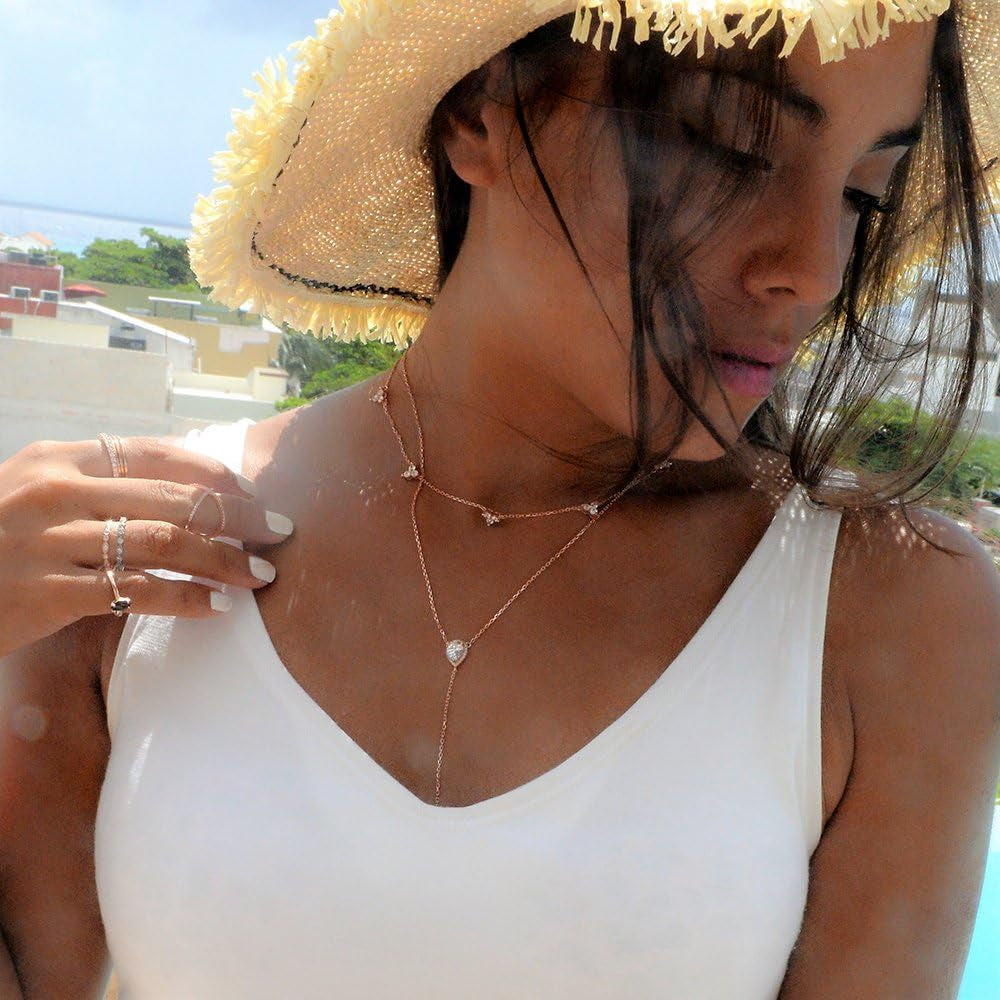 CZ Pear Drop Lariat Necklace 16" with 2.75" Y Drop Adjustable, 3 Colors Available