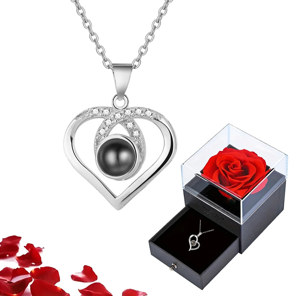 Projection Necklace Set with Rose Gift Box 100 Languages I Love You Heart Pendant Jewelry 2023 Hot Sale Accessories Dropshipping