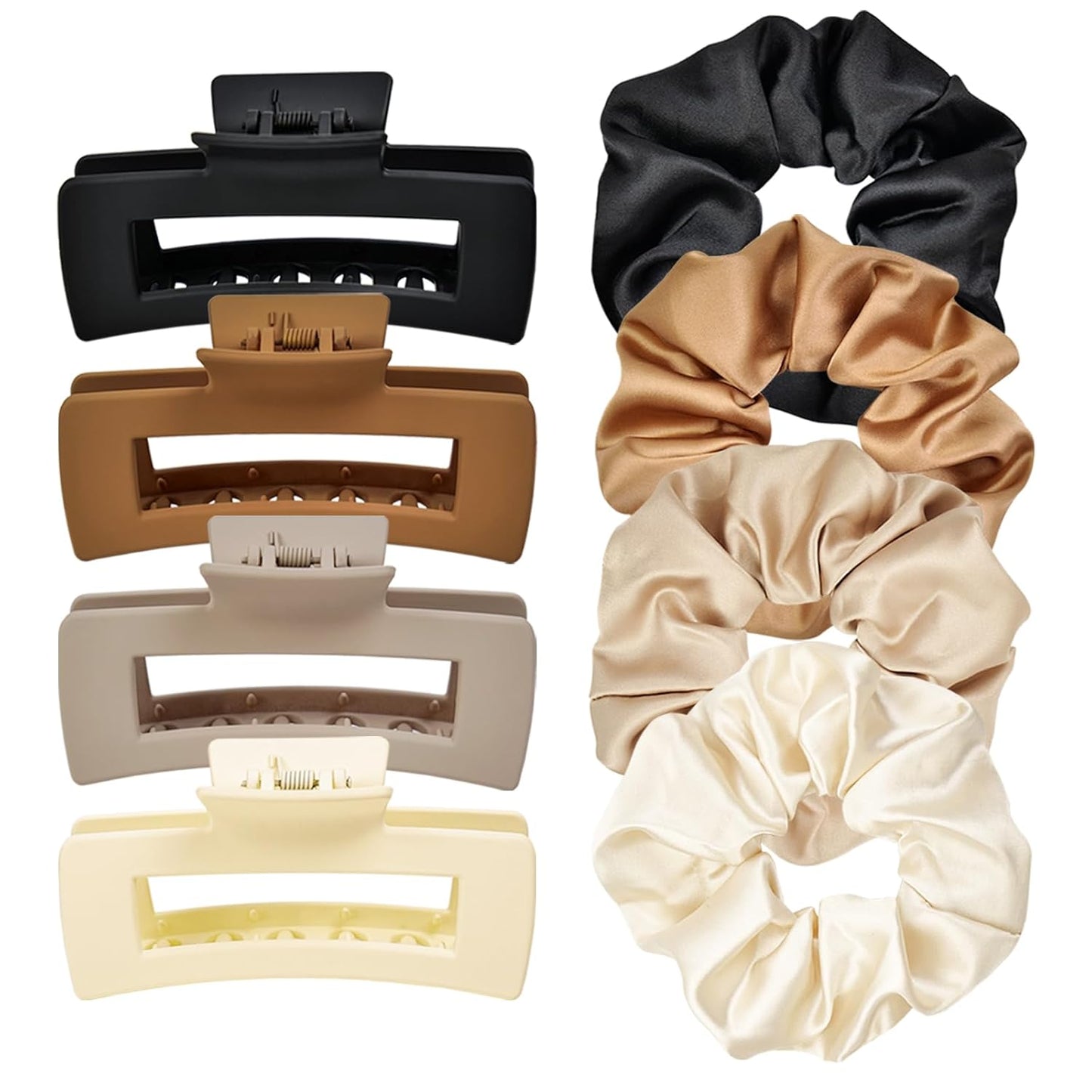 8Pcs Hair Clips and Scrunchies Set - 4 Medium Claw Clips for Women, Non-Slip Matte Hair Claws, 4 Large Satin Scrunchies, Hair Accessories Set for Thick Thin Hair, Neutral Color, Daily Use