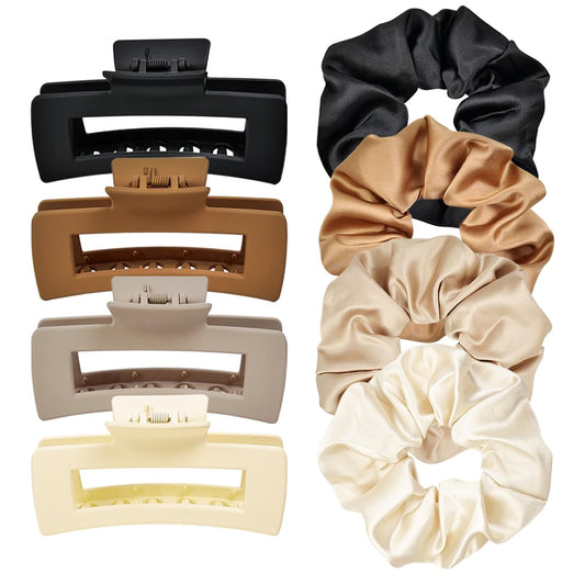 8Pcs Hair Clips and Scrunchies Set - 4 Medium Claw Clips for Women, Non-Slip Matte Hair Claws, 4 Large Satin Scrunchies, Hair Accessories Set for Thick Thin Hair, Neutral Color, Daily Use