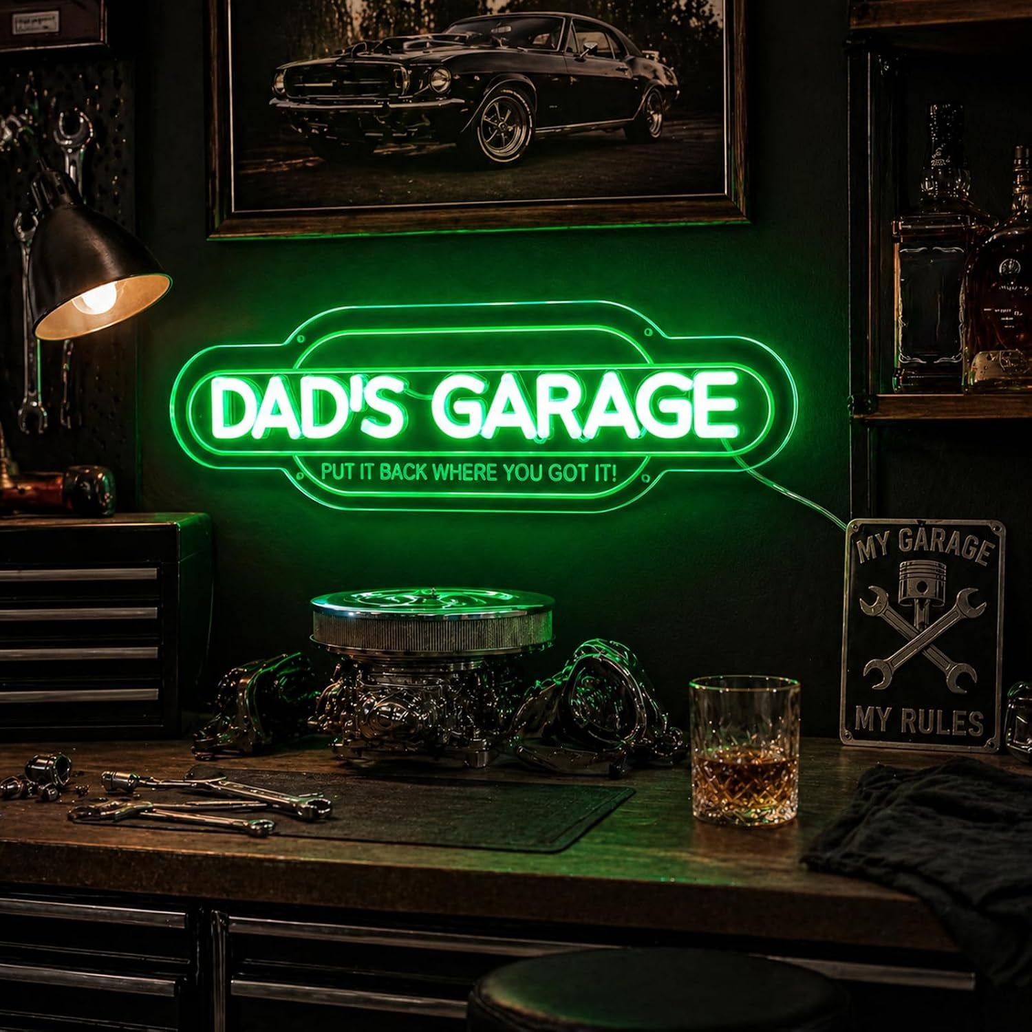 Green Dad’S Garage Neon Sign, Dimmable Handmade Acrylic Garage LED Light Sign, Put It Back Where You Got It 3D Garage Neon Signs Wall Decor, Birthday Father’S Day Gift for Dad Men 16 X 4.9 In