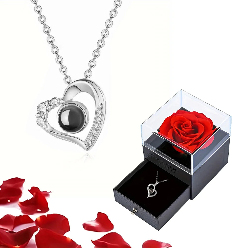 Projection Necklace Set with Rose Gift Box 100 Languages I Love You Heart Pendant Jewelry 2023 Hot Sale Accessories Dropshipping