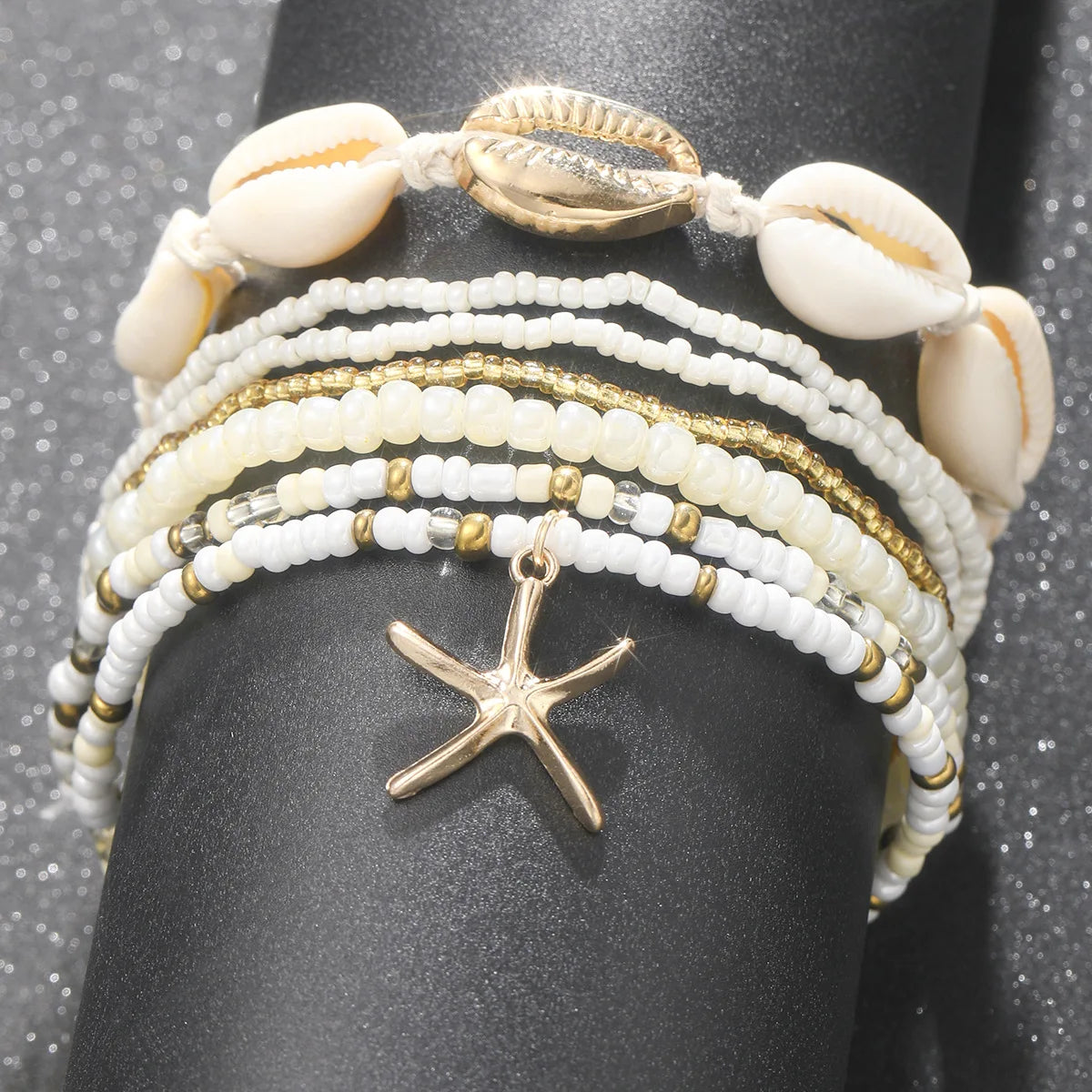7Pc/Set Bohemian Rice Beads Starfish Pendant Anklet Set Fashion Summer Beach Sea Shell Multilayer Ankle Bracelet on Foot Jewelry