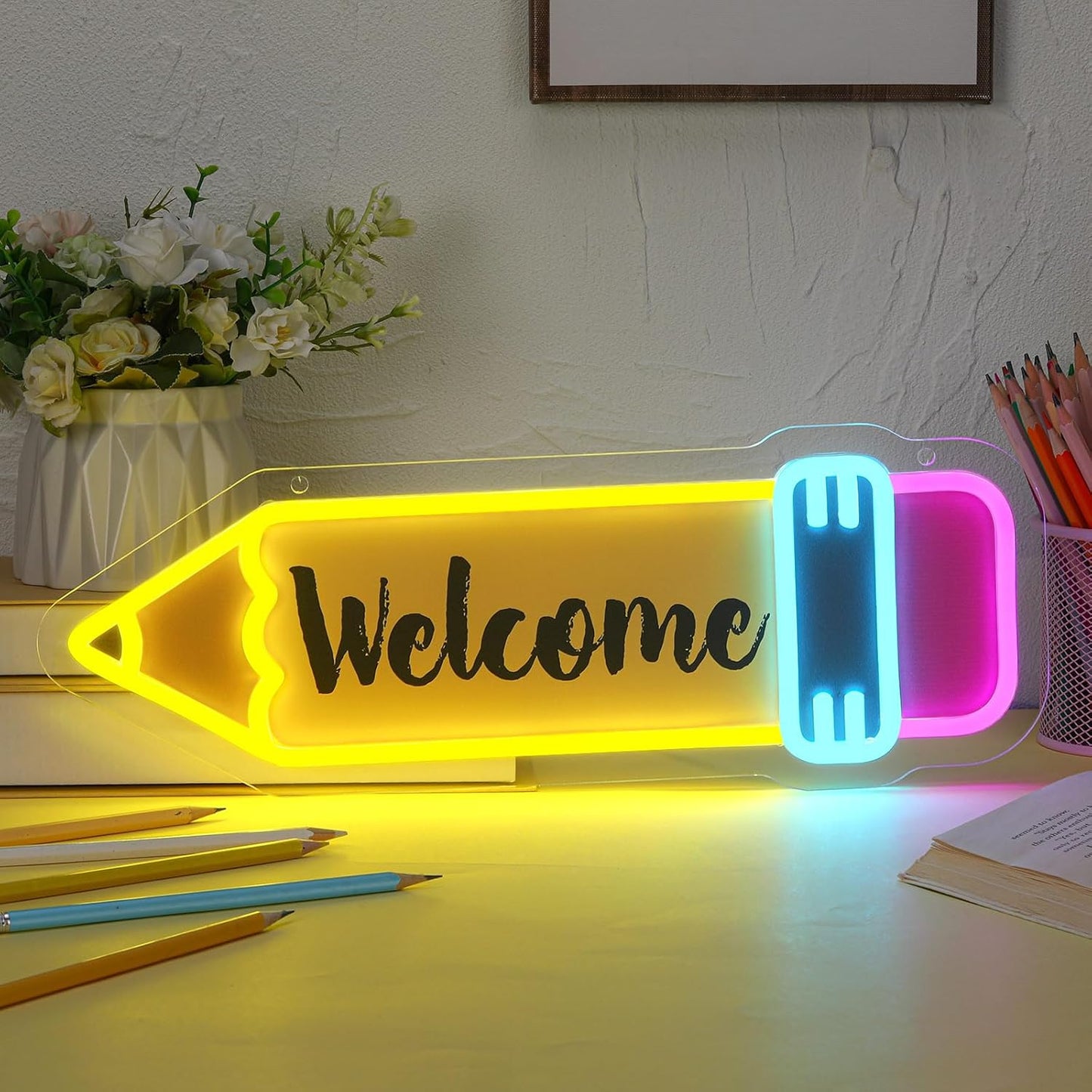Pencil LED Neon Signs Back to School Wall Decoration 17 X 6 Inches for Back to School Classroom Study Area Library
