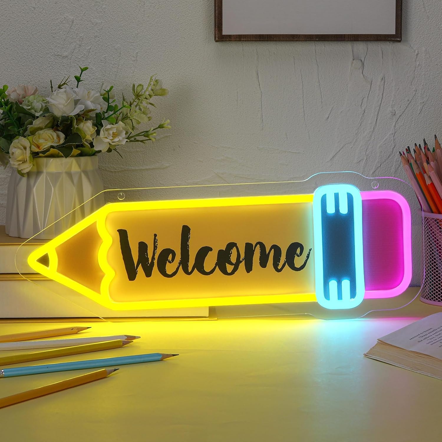 Pencil LED Neon Signs Back to School Wall Decoration 17 X 6 Inches for Back to School Classroom Study Area Library