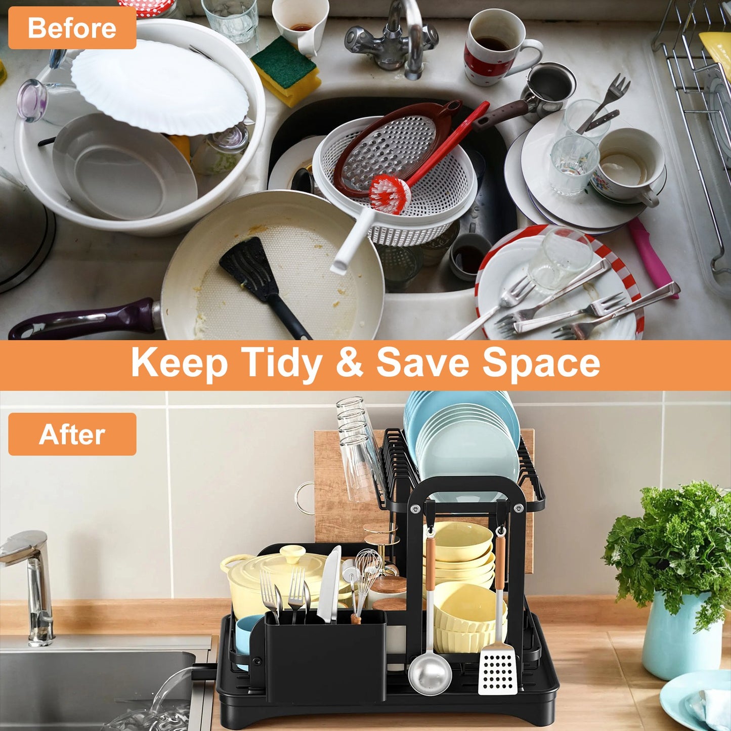 1Pc  2-Tier Dish Drying Rack For Kitchen Counter Space Saving Rustproof Dish Rack With Drainboard Detachable Kitchen Drainer Organizer Set With Utensil Holder Bowl Rack Dish Rack Chopping Board Rack