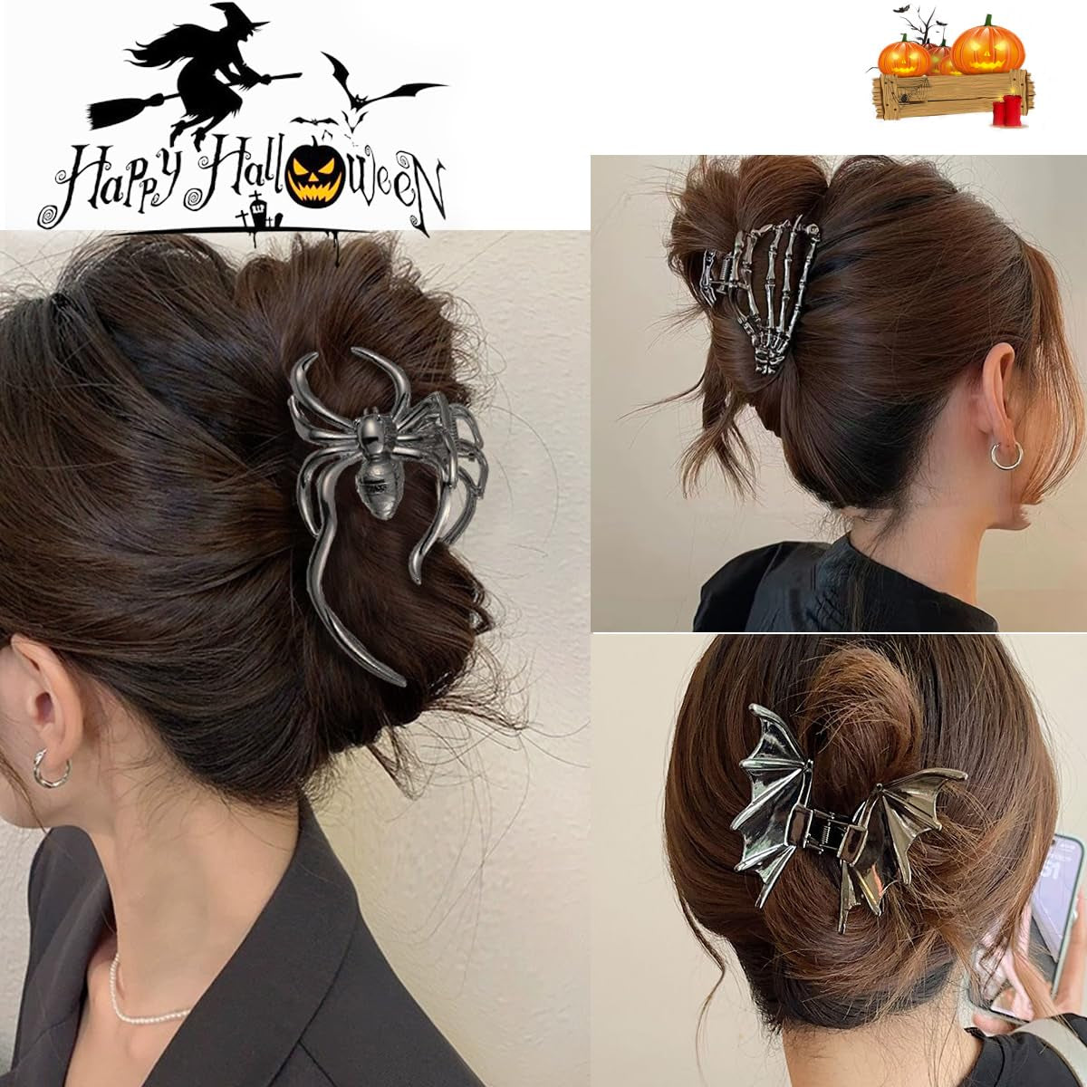 3 PCS Gothic Hair Claw Clips for Women, Metallic Black Bat Spider Skeleton Hand Hair Clips, Strong Hold Halloween Hair Accessories for Thick Thin Hair, Costume Party Everyday Styling Gifts