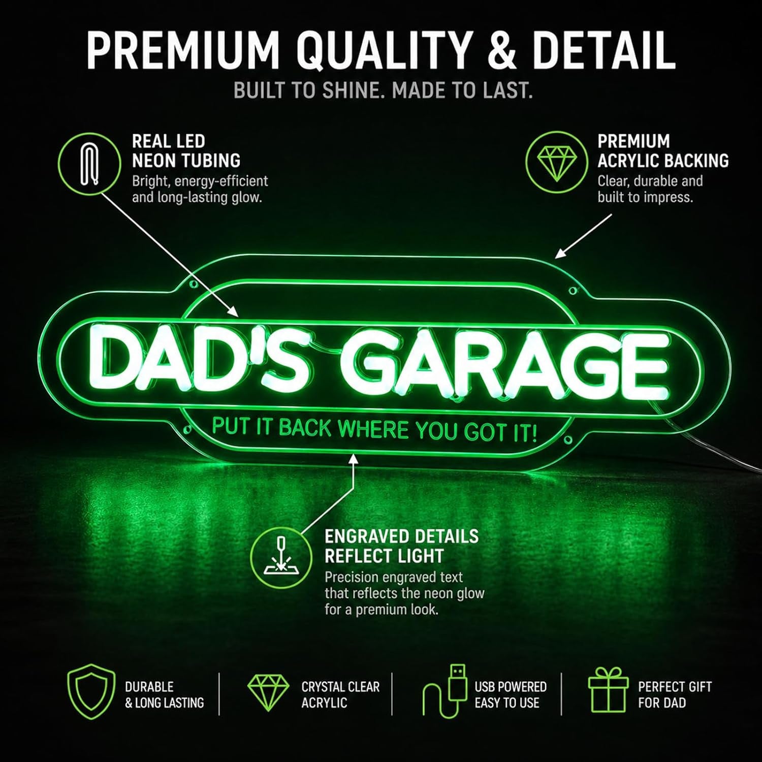 Green Dad’S Garage Neon Sign, Dimmable Handmade Acrylic Garage LED Light Sign, Put It Back Where You Got It 3D Garage Neon Signs Wall Decor, Birthday Father’S Day Gift for Dad Men 16 X 4.9 In