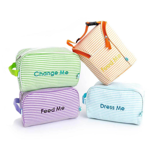 Easy Baby - Diaper Bottle and Supplies - Organizer Pouches - Change Feed and Dress Me (4 Pack Seersucker) | Organizing Packing Tote Cubes for Baby Items | Good for Travel and Keeping Organized