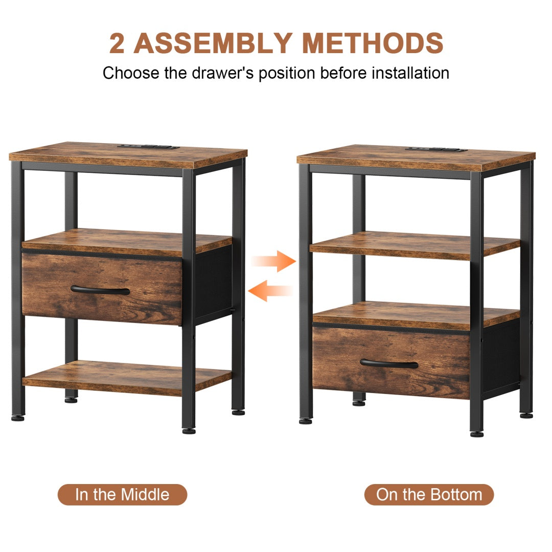 Bedside Table, With Built-in USB- C-type Port Sockets And Adjustable Drawers, 3-layer Storage Rack, And Fabric Drawers