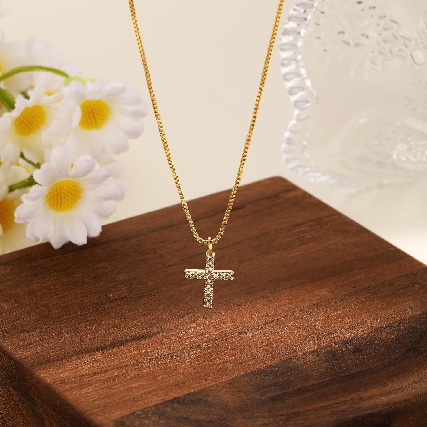 Cross Necklace for Women,14K Gold Plated Small Dainty Colorful Beaded Cubic Zirconia Diamond Double Layered Cross Pendant Choker Necklaces for Women,Christian Easter Religious Jewelry Gifts
