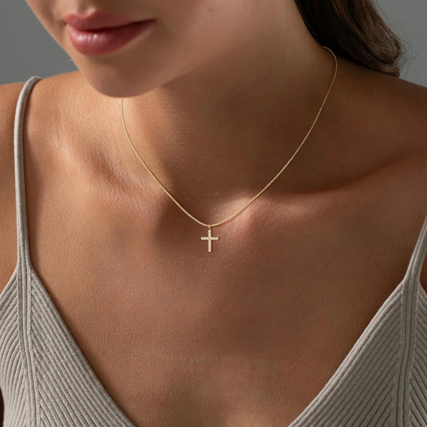 Cross Necklace for Women,14K Gold Plated Small Dainty Colorful Beaded Cubic Zirconia Diamond Double Layered Cross Pendant Choker Necklaces for Women,Christian Easter Religious Jewelry Gifts