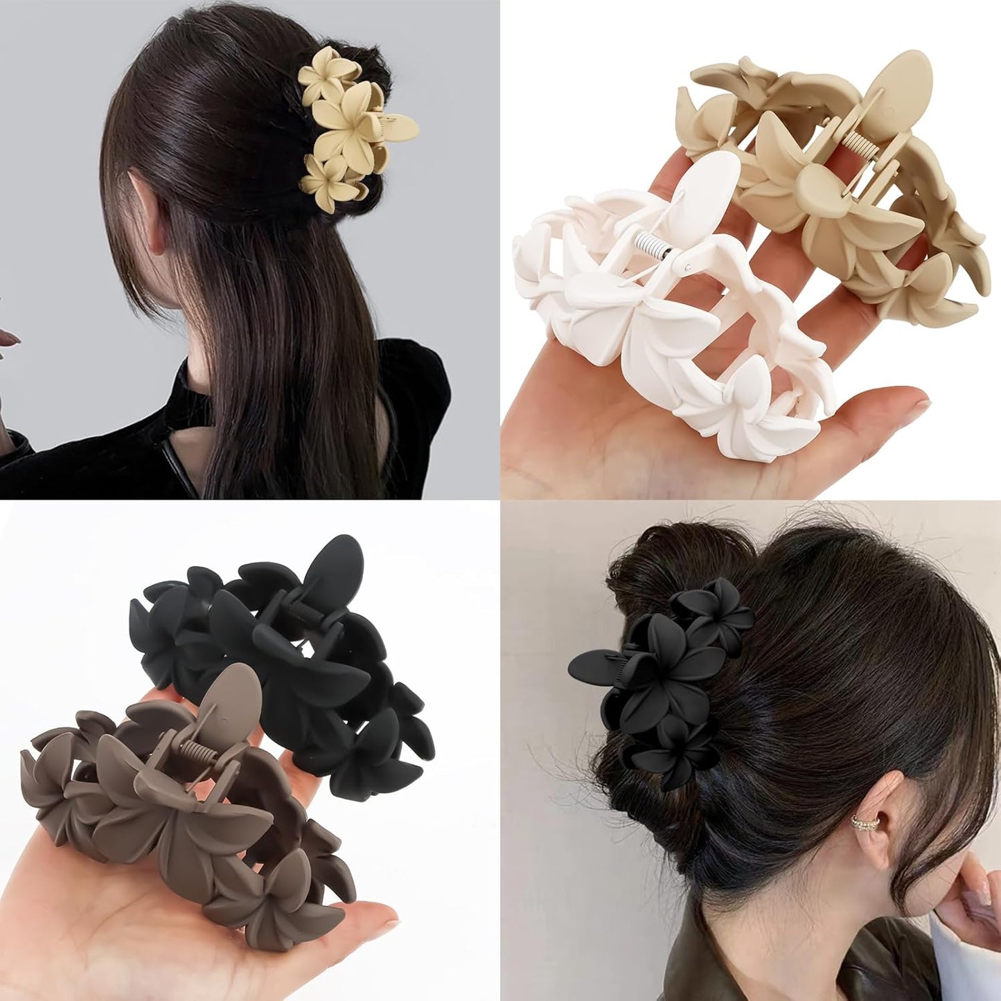 Matte Flower Hair Accessories - 4PCS Large Plumeria Hawaiian Hair Clips with Strong Hold for Women, Non-Slip and Cute